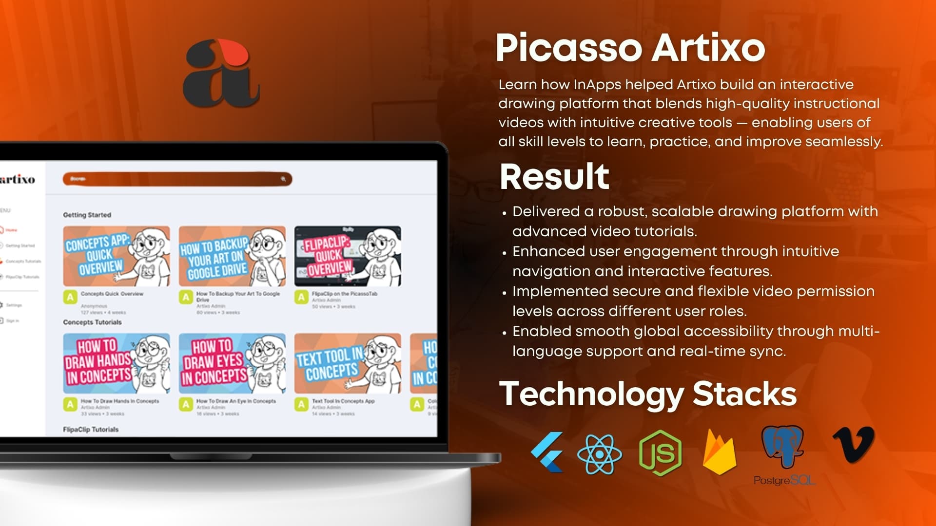 Picasso Artixo course library screen — drawing tutorials organized by skill level from beginner to advanced